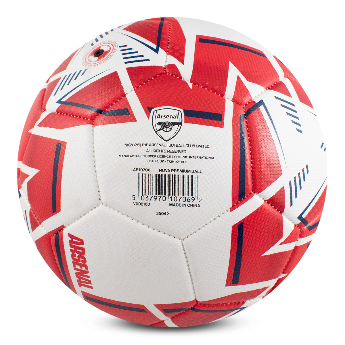 Bottom of the Side view of red and white Arsenal Size 5 Nova Premium Football on a white background