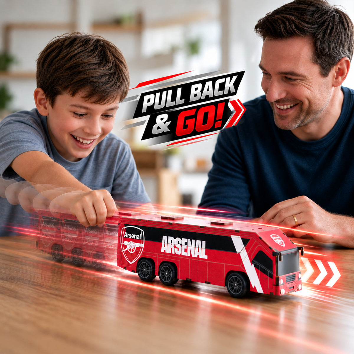 Image showing the final Arsenal Team bus construction which can be played with after with a 'Pull back and go mechanism.
