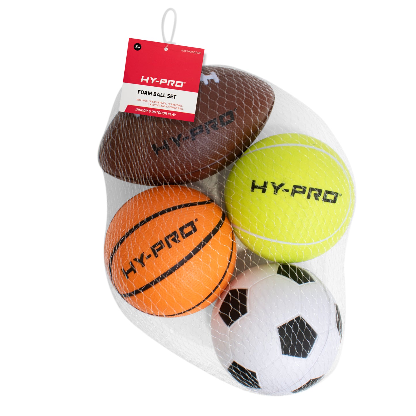 4 miniature foam balls by Hy-Pro Sports in net packaging. Football toys