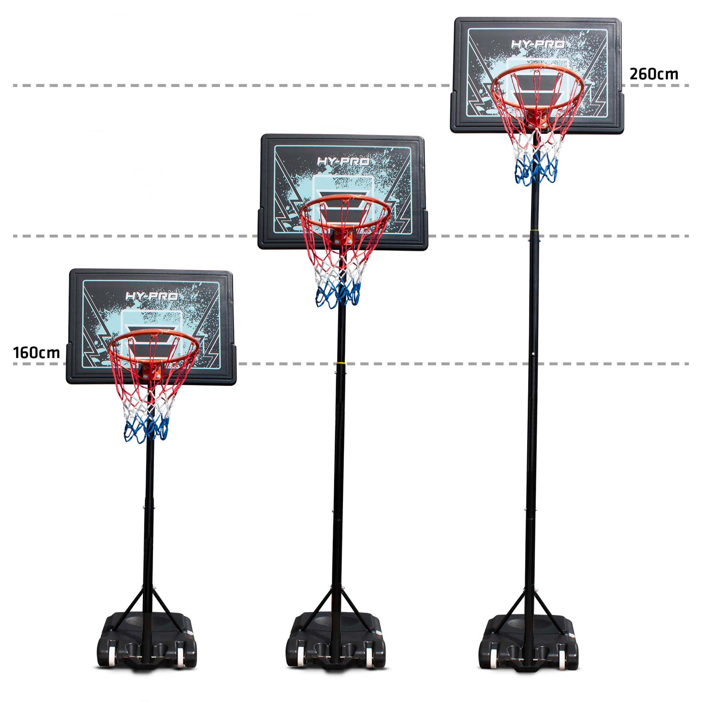 Hy-Pro Adjustable Basketball Stand - 1.6m - 2.6m, With Wheels, Portable, Backboard, Basketball Hoop, For Adults & Kids, Great Gift Idea