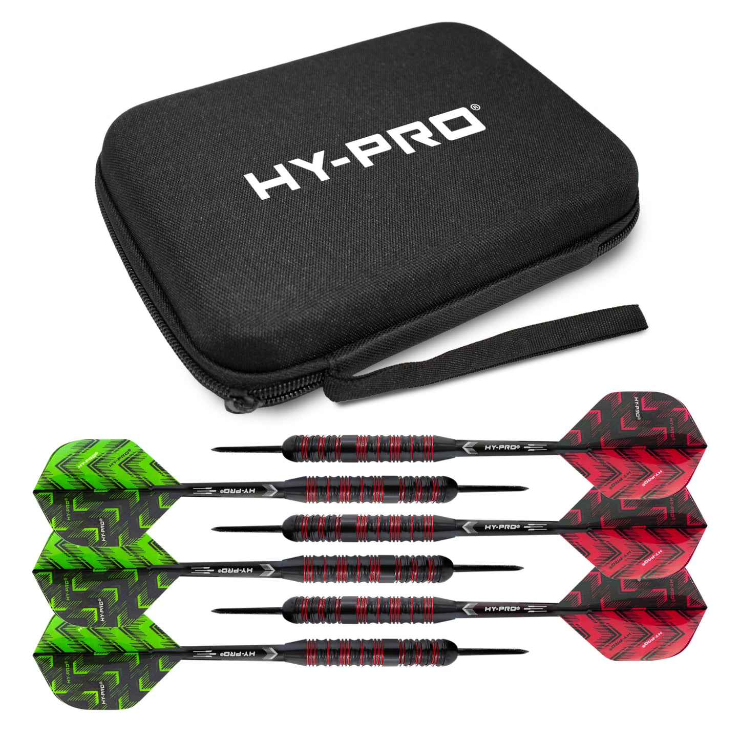 Hy-Pro Darts Set and carry case on a hwite background.