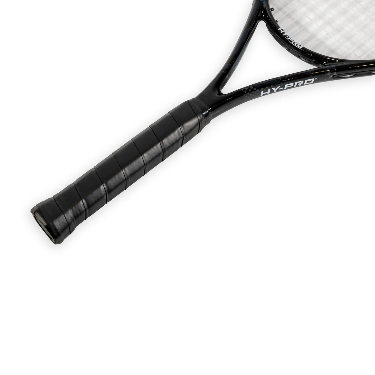 Close up of handle on the Hy-Pro sports tennis racket on a white background