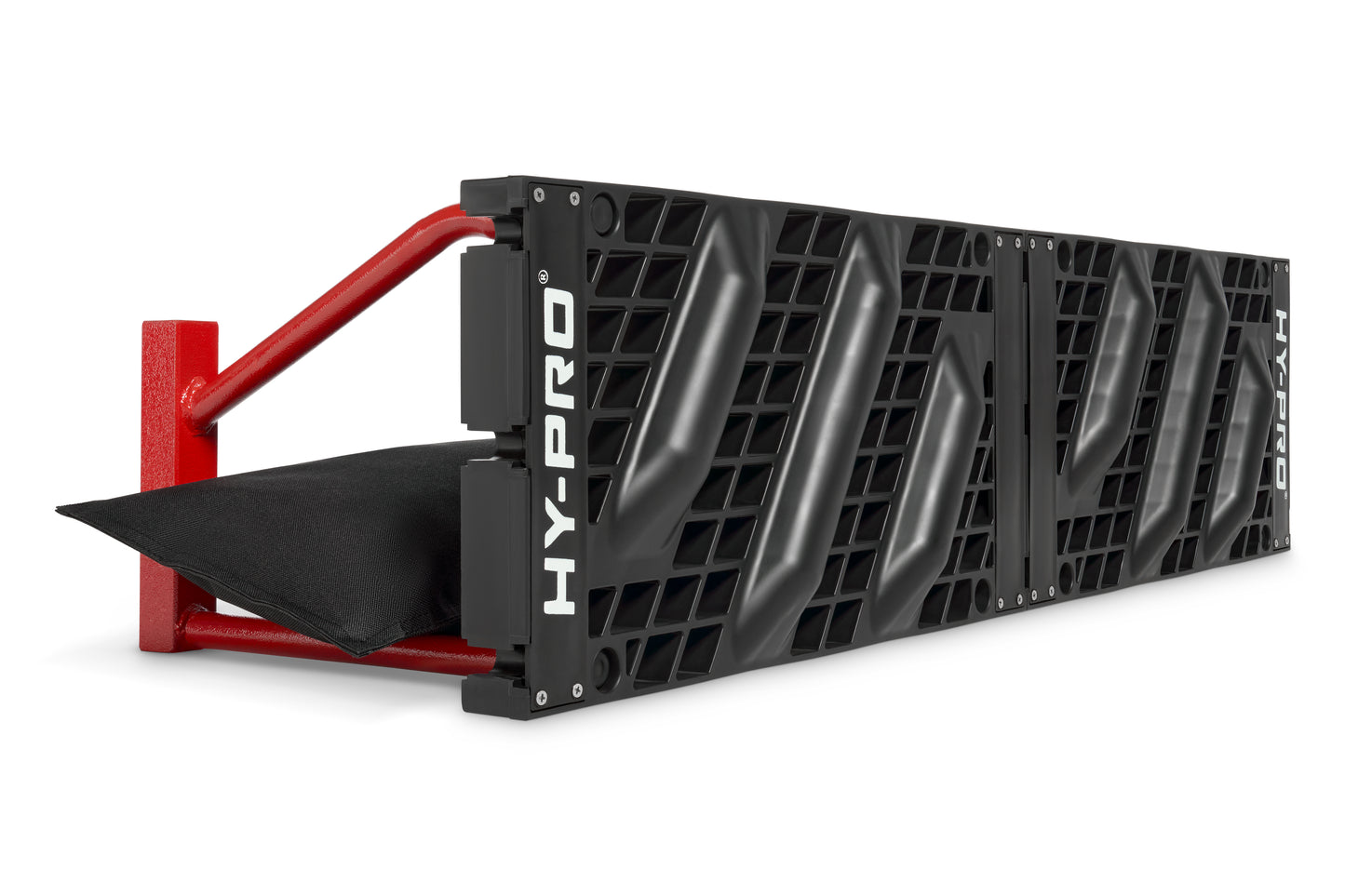Football rebounder by Hy-Pro sports in Black and red design with included sandbag photographed on a plain white background.