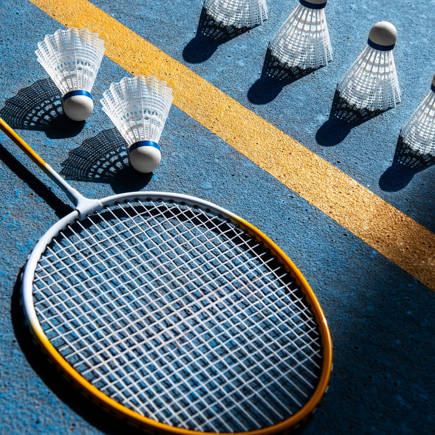 Hy-Pro Sports shuttlecocks and badminton racket on a blue and yellow court