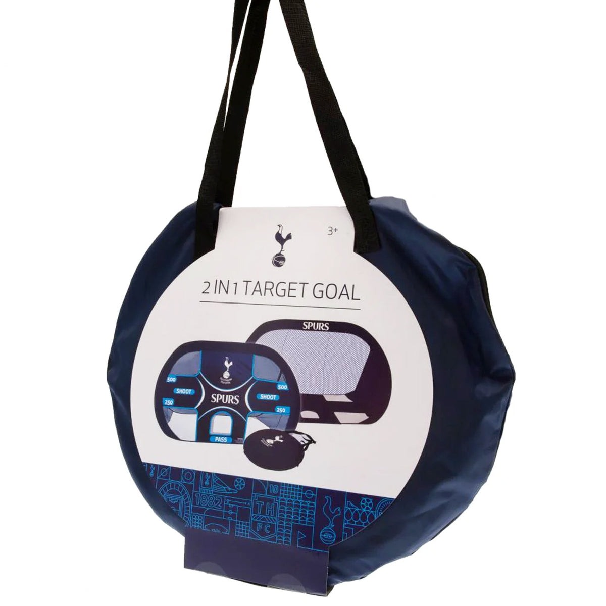 Tottenham Spurs 2-in-1 Pop Up Target Goal packed away in carry bag and cardboard sleeve packaging on a white background