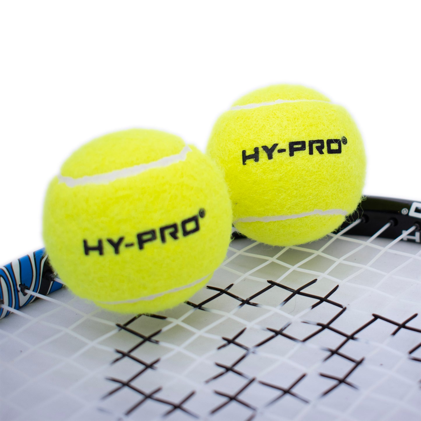 Hy-Pro 19" Tennis Racket & Balls with a close up on the HY-PRO logos on a white background