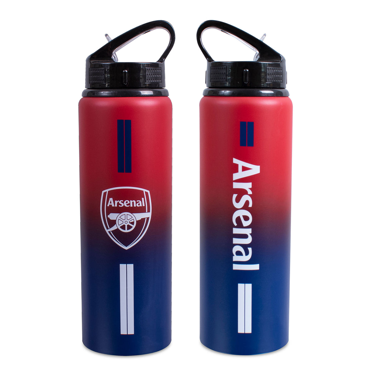 Both sides of the Red and blue fade design Arsenal water bottle on a white background