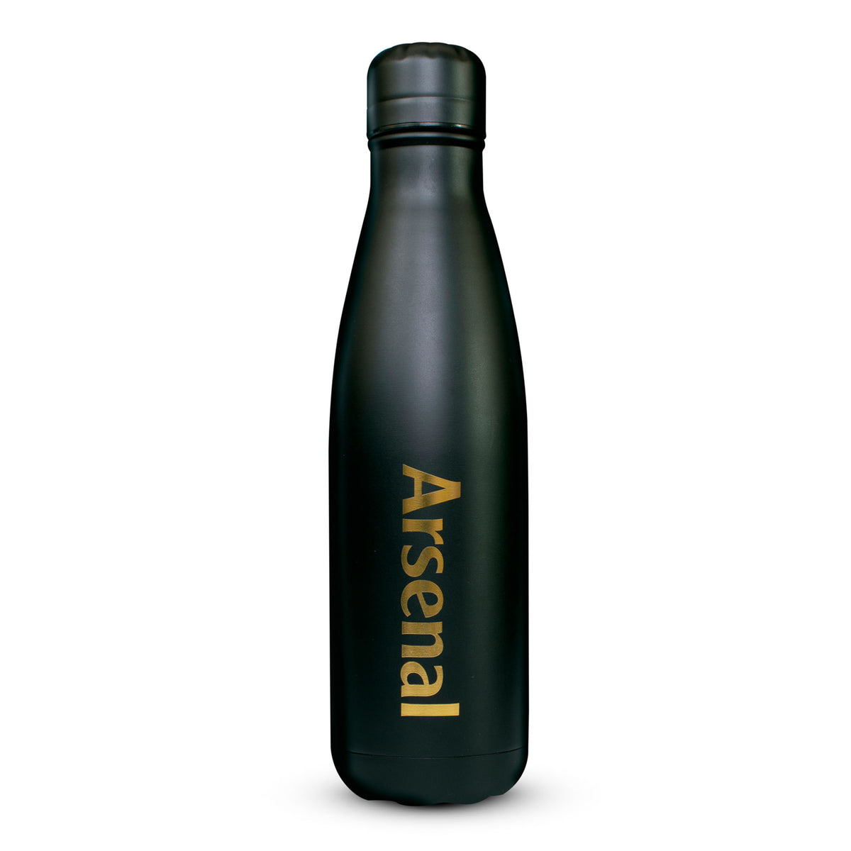 Black Arsenal water bottle with 'Arsenal' wording and crest in gold on a white background