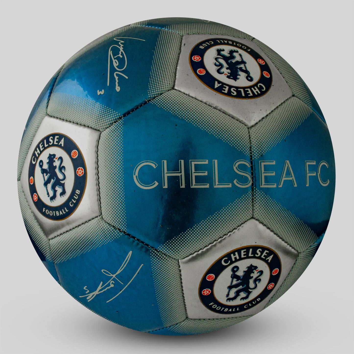 Side view of Officially licensed Chelsea Metallic Signature Football by Hy-Pro Sports on a white background.