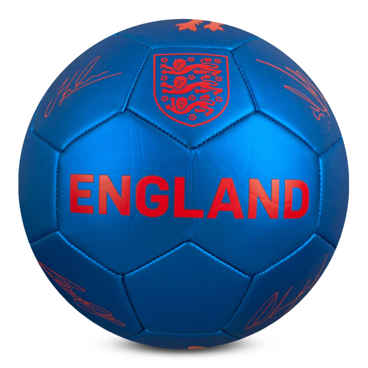 Metallic blue England football with logo and player signatures on a white background.