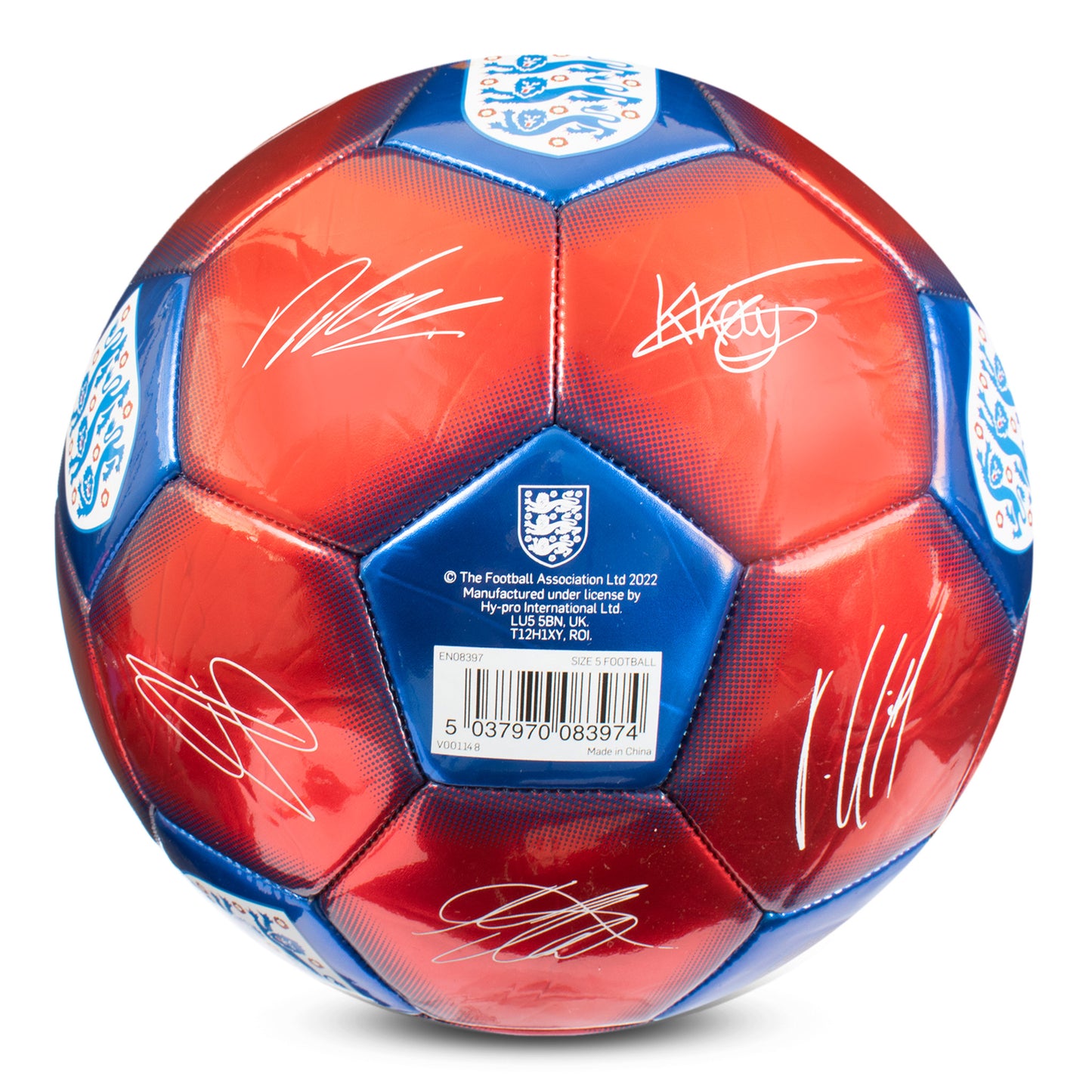 Base of Official England Metallic football in red and blue with 3 lions crest, by hy-pro sports on a white background