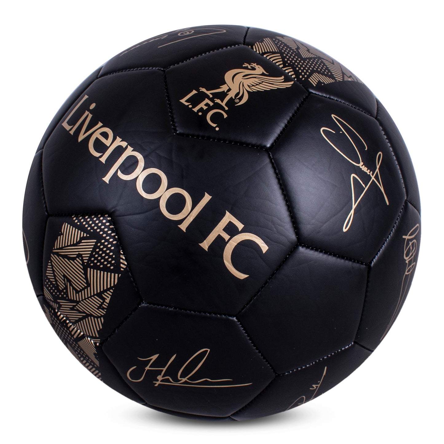 Official Liverpool FC football in matte Black with metallic gold L.F.C. logo and player signatures on a white background.