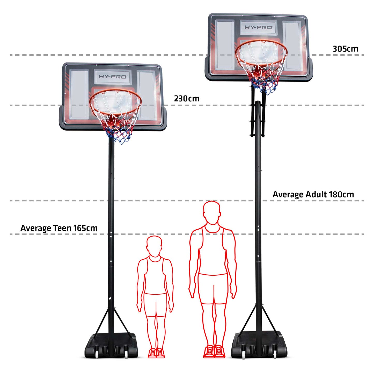 Hy-Pro Adjustable Basketball Stand With Handle - 2.3m - 3.05m, With Wheels, Portable, Backboard, Basketball Hoop, For Adults & Kids