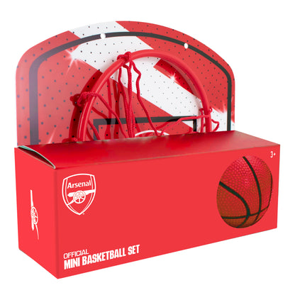 Arsenal Mini Basketball set showing basketball hoop and ball packaged away in Arsenal branded box on a white background