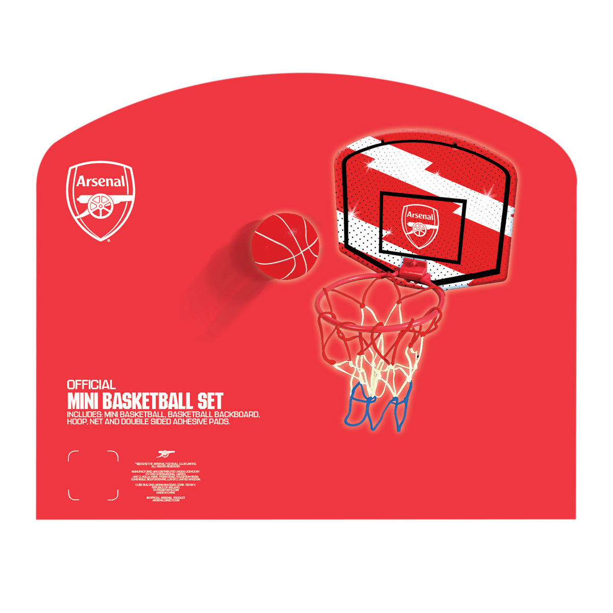 Arsenal Mini Basketball set showing basketball hoop and ball packaged away in Arsenal branded box on a white background. Back of packaging shows its an official licensed product