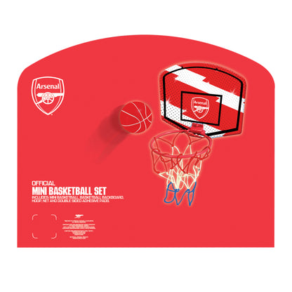 Arsenal Mini Basketball set showing basketball hoop and ball packaged away in Arsenal branded box on a white background. Back of packaging shows its an official licensed product