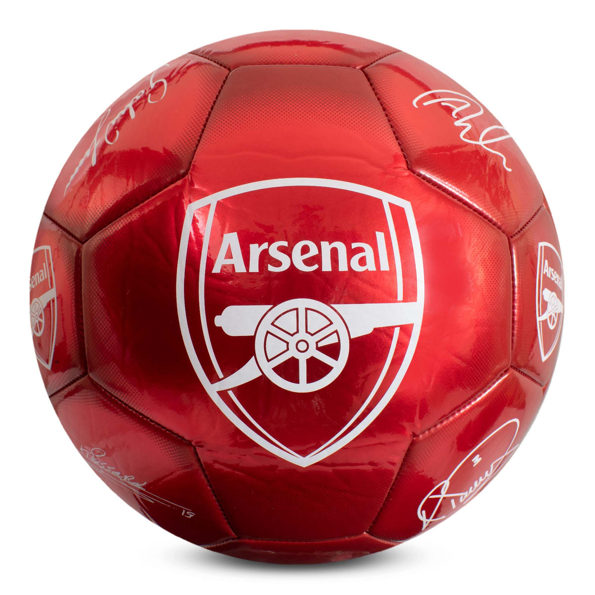 Arsenal Classic Signature Football in metallic red on a white background
