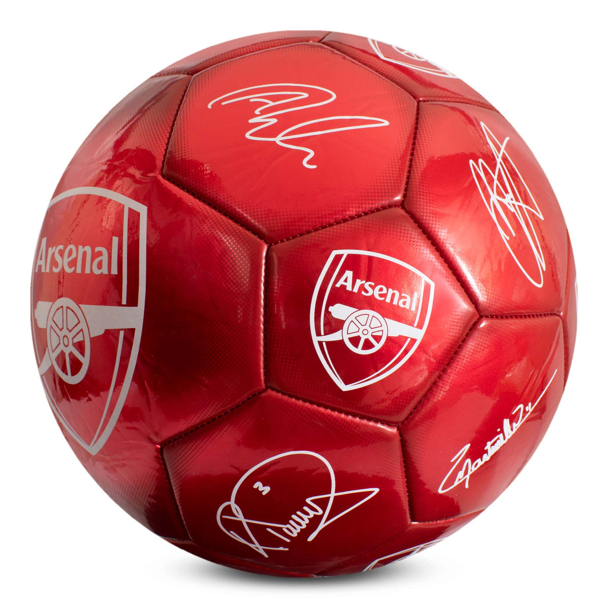 Side view of Arsenal Classic Signature Football in metallic red on a white background