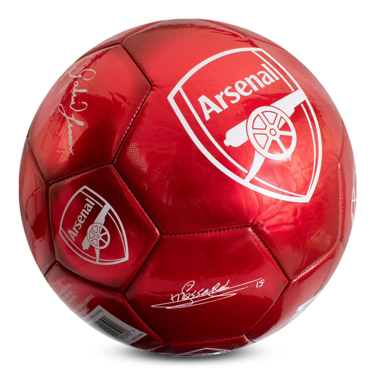 Side view of Arsenal Classic Signature Football in metallic red with ARSENAL copy and club crest on a white background