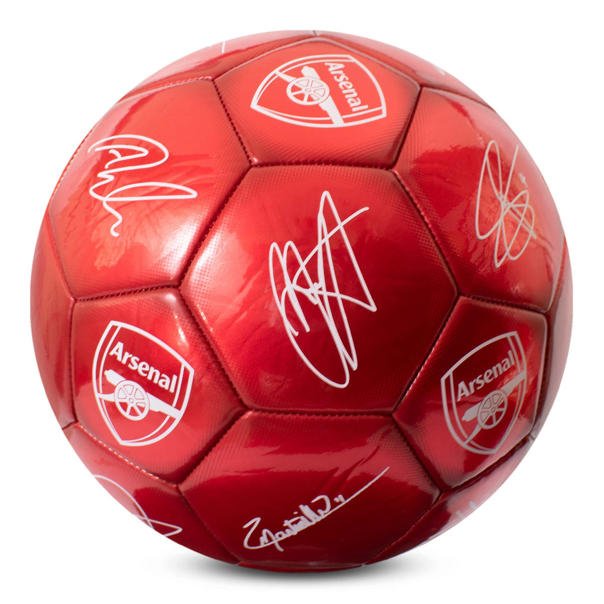 Arsenal Classic Signature Football in metallic red with ARSENAL copy, club crest and player signatures on a white background
