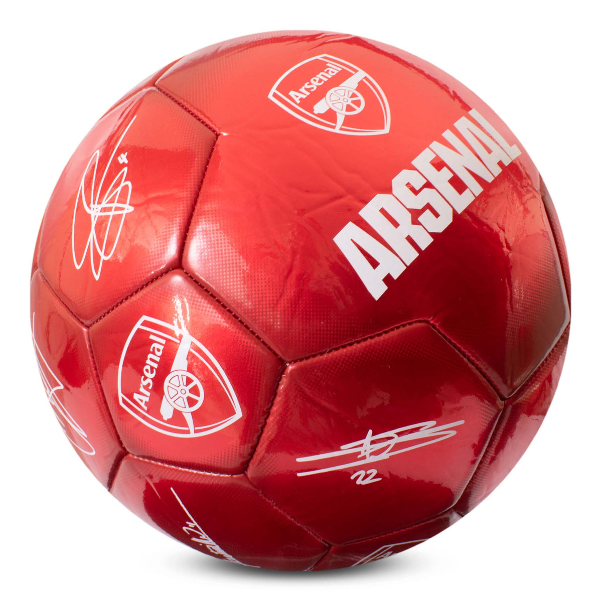 side view of Arsenal Classic Signature Football in metallic red with ARSENAL copy, club crest and player signatures on a white background