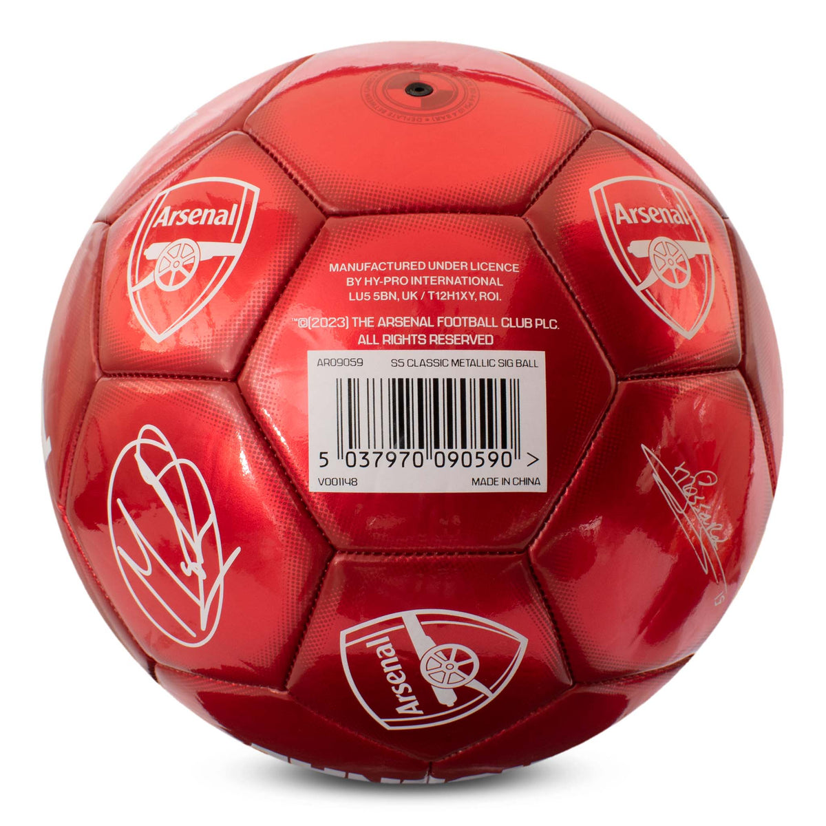 Bottom of Arsenal Classic Signature Football in metallic red with ARSENAL copy and club crest on a white background