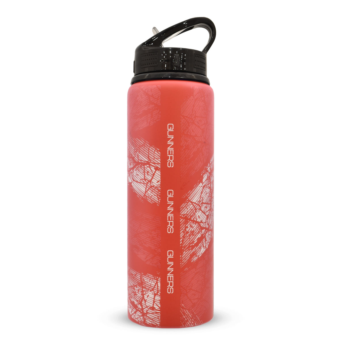 Arsenal F.C. Aluminium Bottle in red with white design and black lid on a white background
