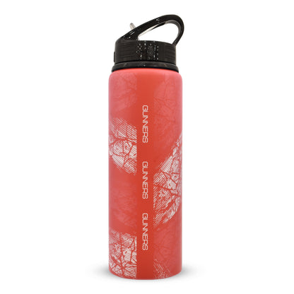 Arsenal F.C. Aluminium Bottle in red with white design and black lid on a white background
