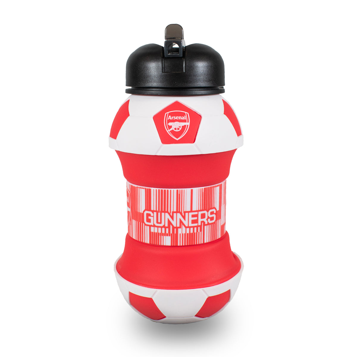 Arsenal F.C. Collapsible Water bottle that looks like a football when collapsed then extended to a full size bottle on a white background