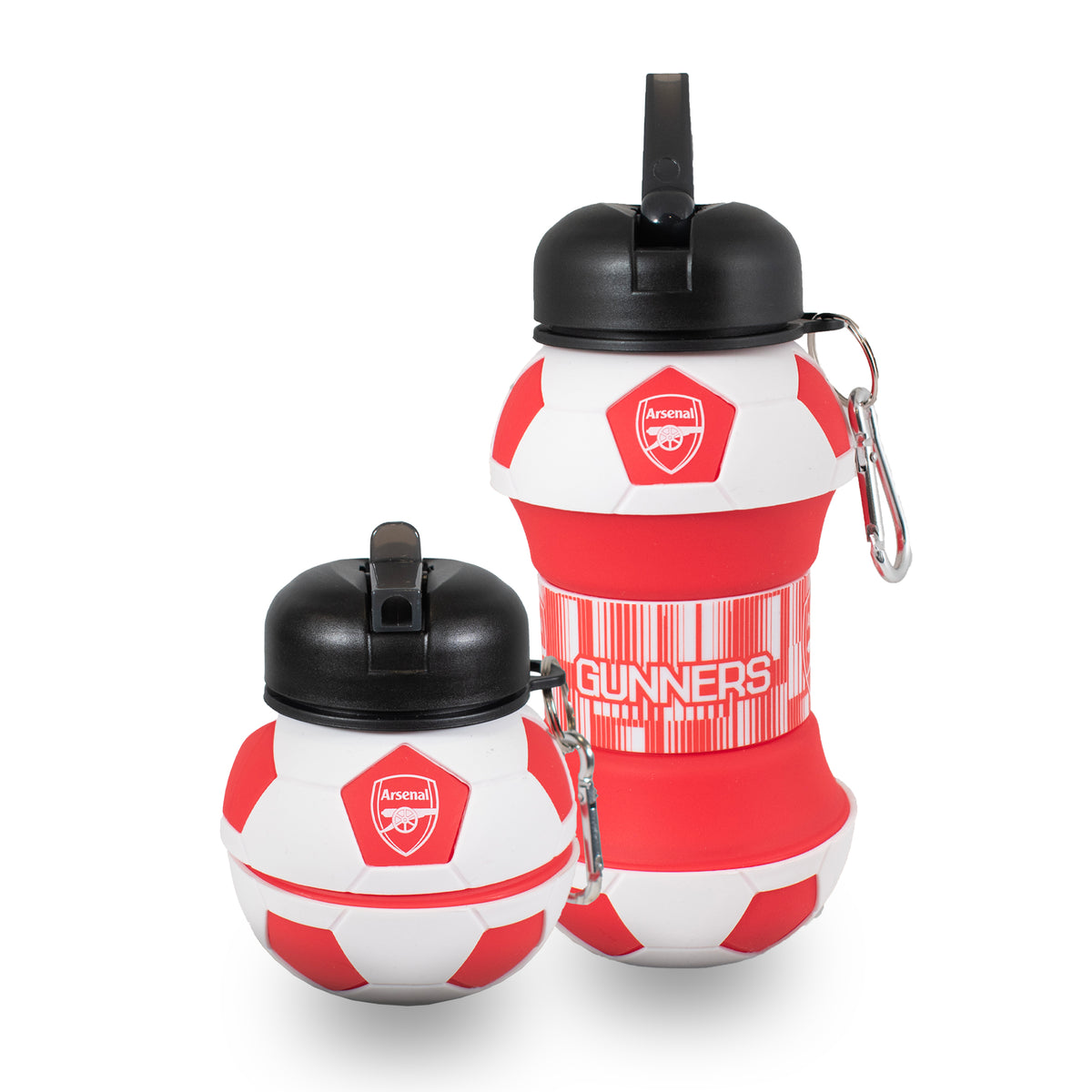 Football water bottle extended and collapsed sat side by side on a white background