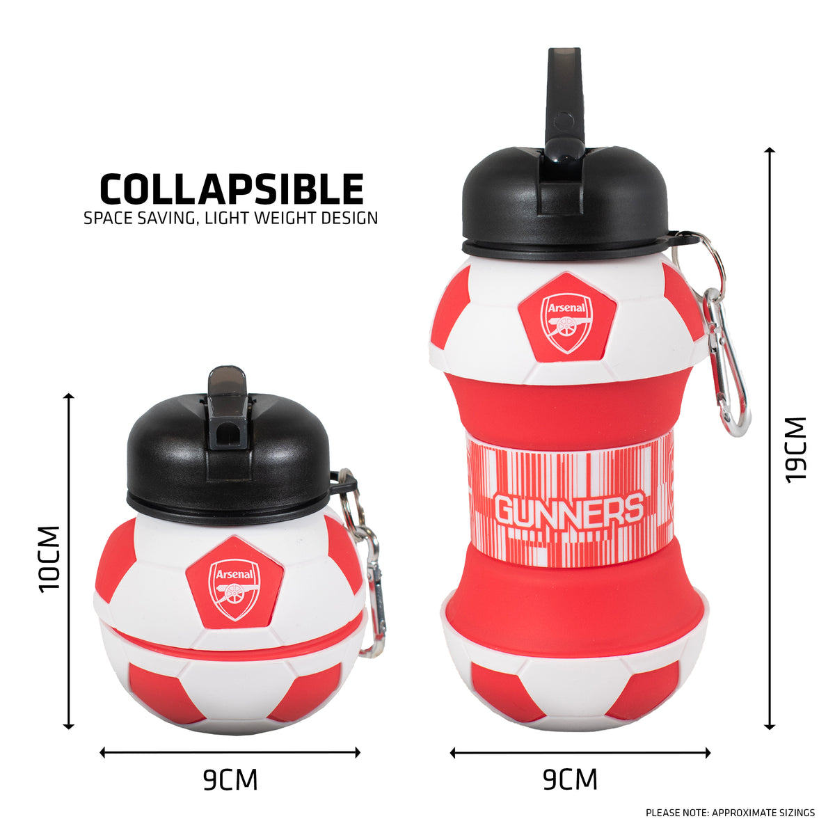 Football water bottle extended and collapsed sat side by side on a white background with size measurments