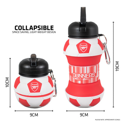 Football water bottle extended and collapsed sat side by side on a white background with size measurments