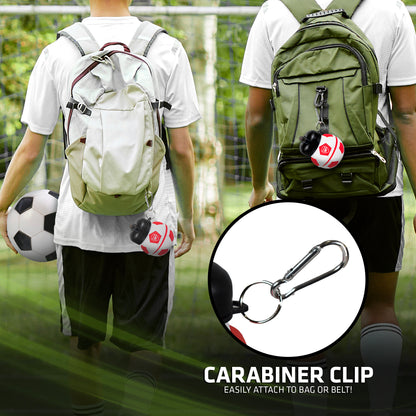 Two people wearing backpacks with small red arsenal football water bottles attached to their back packs