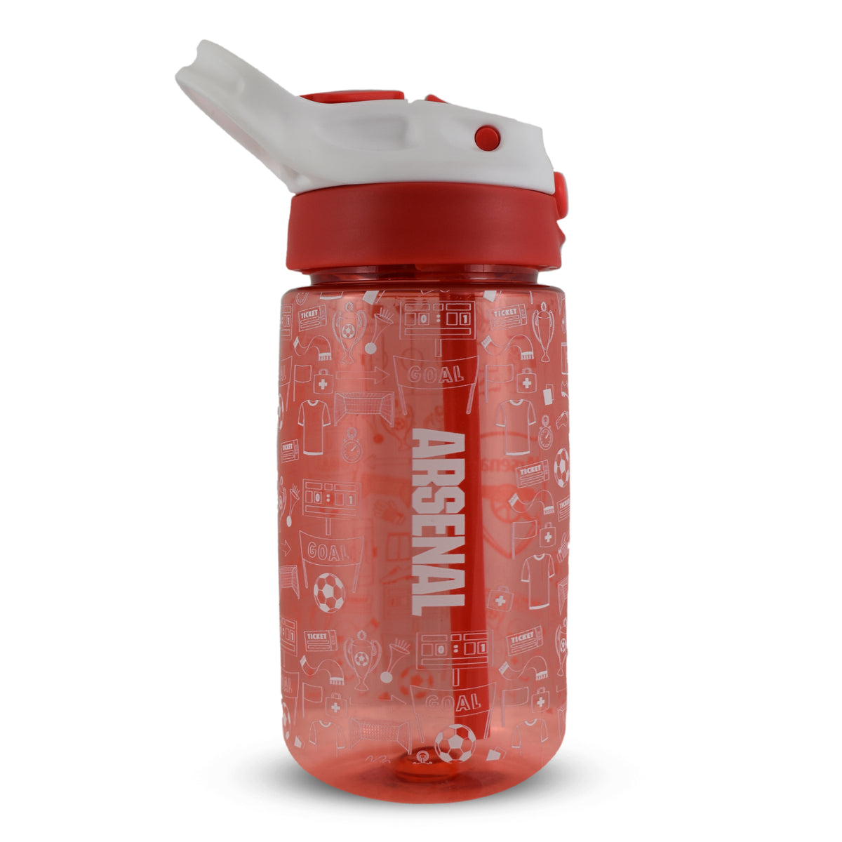 Side of Arsenal F.C. Kids Water Bottle – 480ml red bottle with small white icons on a white background