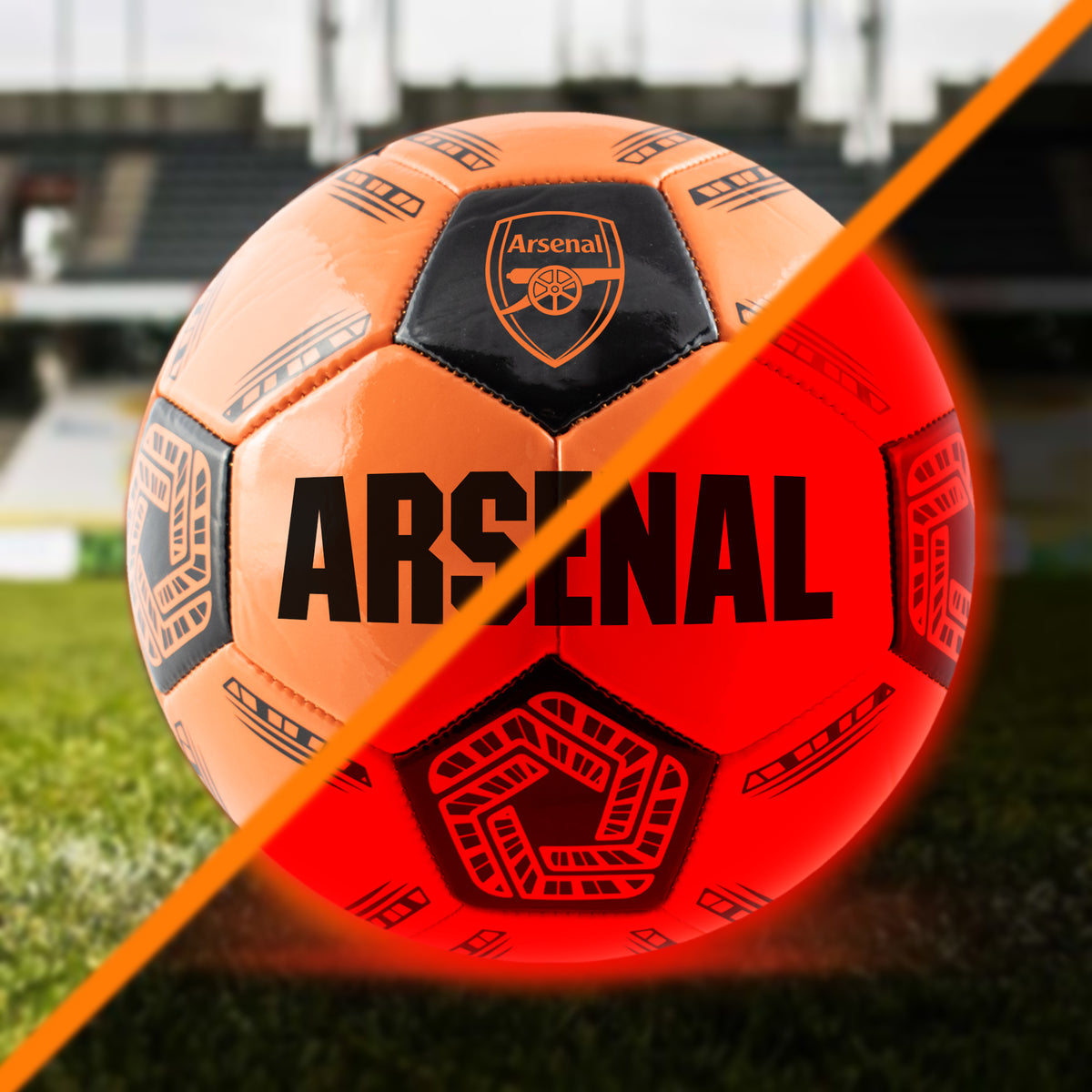 Arsenal Light Up LED Football Size 5 with Impact-Activated Lights showing dark light view at the same time 