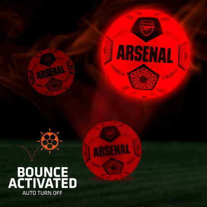 Arsenal Light Up LED Football lit up on a black background with graphics showing 'Bounce activation'