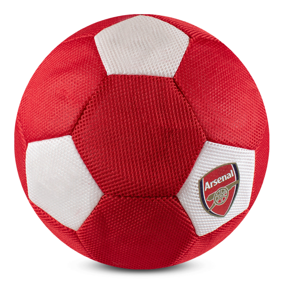 Side view of the Arsenal Giant 14in Mesh Ball in red and white on a white background