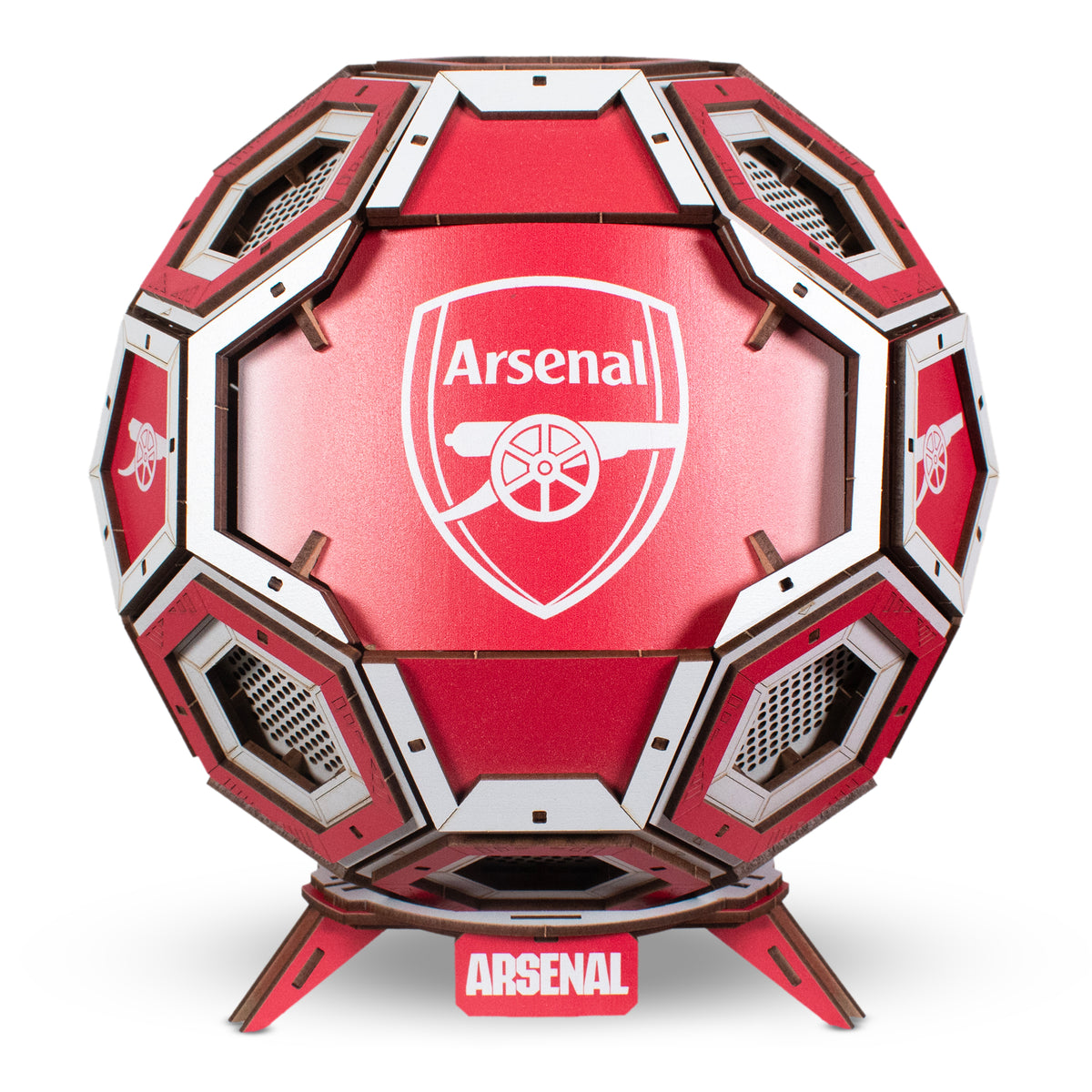 Made by Mind Arsenal FC Officially Licensed Wooden Construction Football and stand on a white background