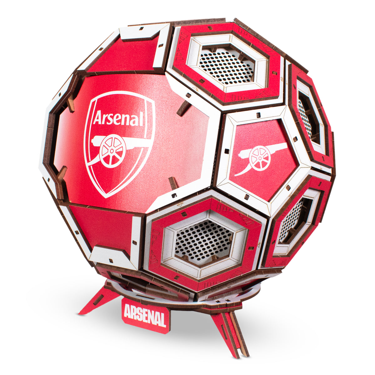 Side view of the Made by Mind Arsenal FC Officially Licensed Wooden Construction Football and stand on a white background