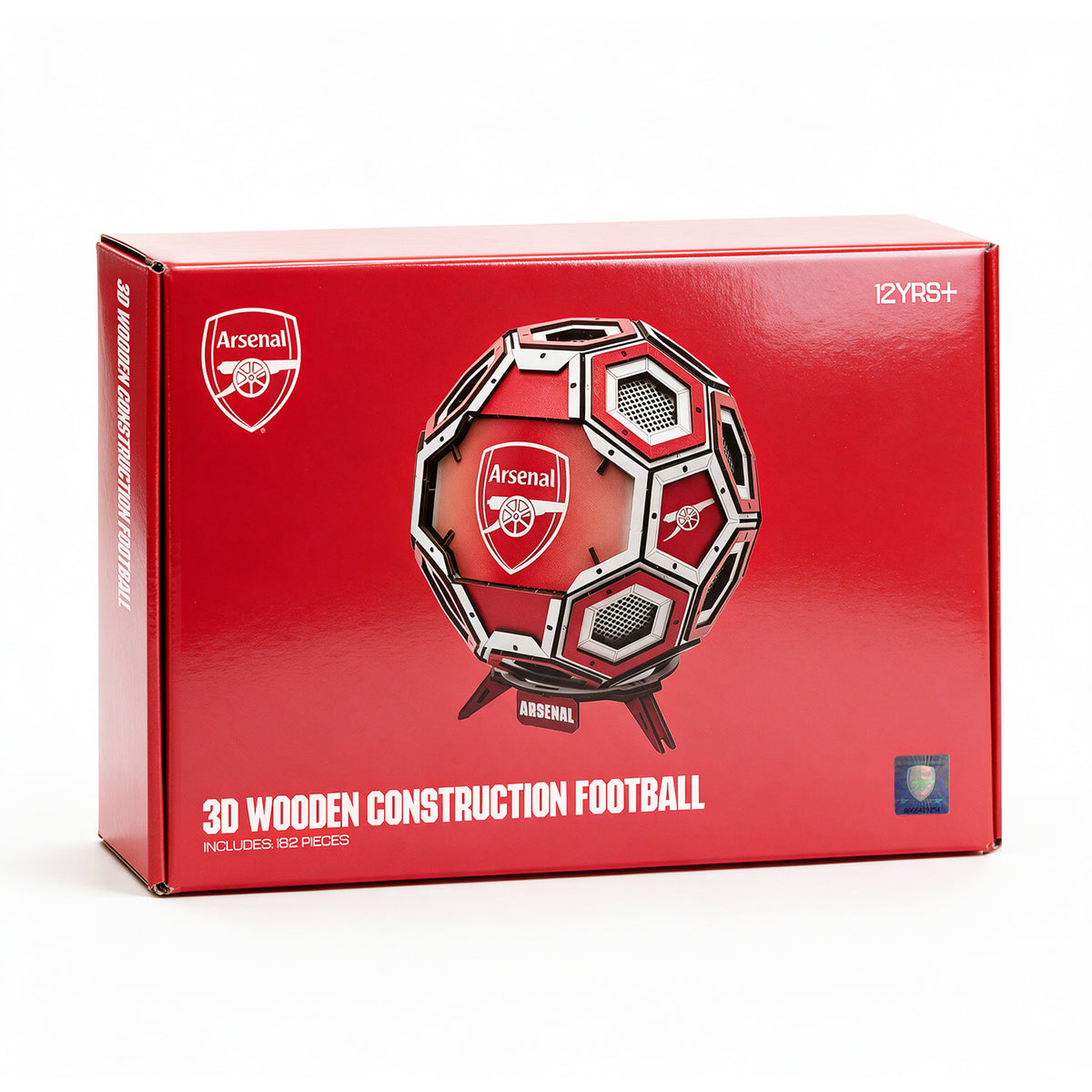 Made by Mind Arsenal FC Officially Licensed Wooden Construction Football and stand packaged in it's red Arsenal branded box on a white background