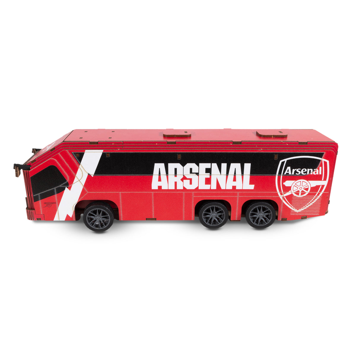 Side view of the Made by Mind -Wooden construction ARSENAL team bus on a white background