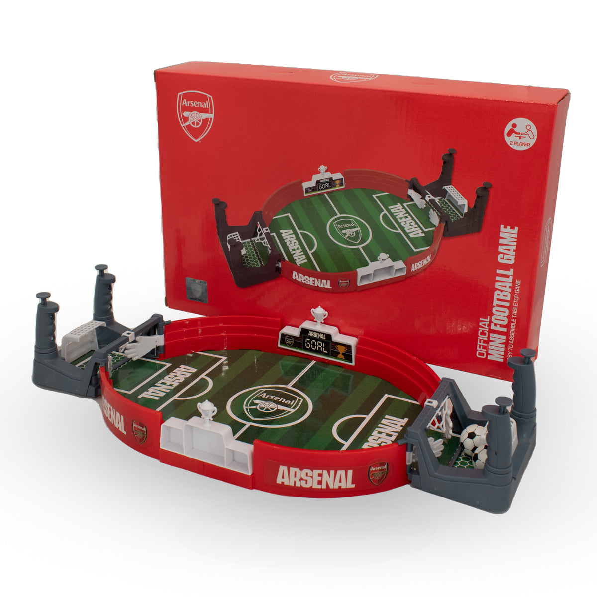 Arsenal FC Mini Tabletop football Game in red and grey on a white background with the red packaging on a in the background