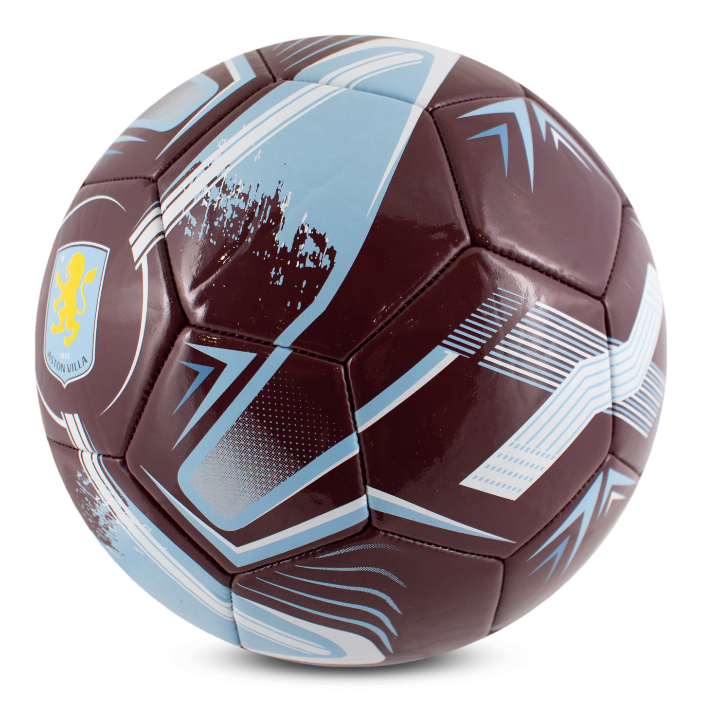 Side view of Hy-Pro Official Aston Villa - Size 5, Turbine Design in Claret with white and blue design on a white background