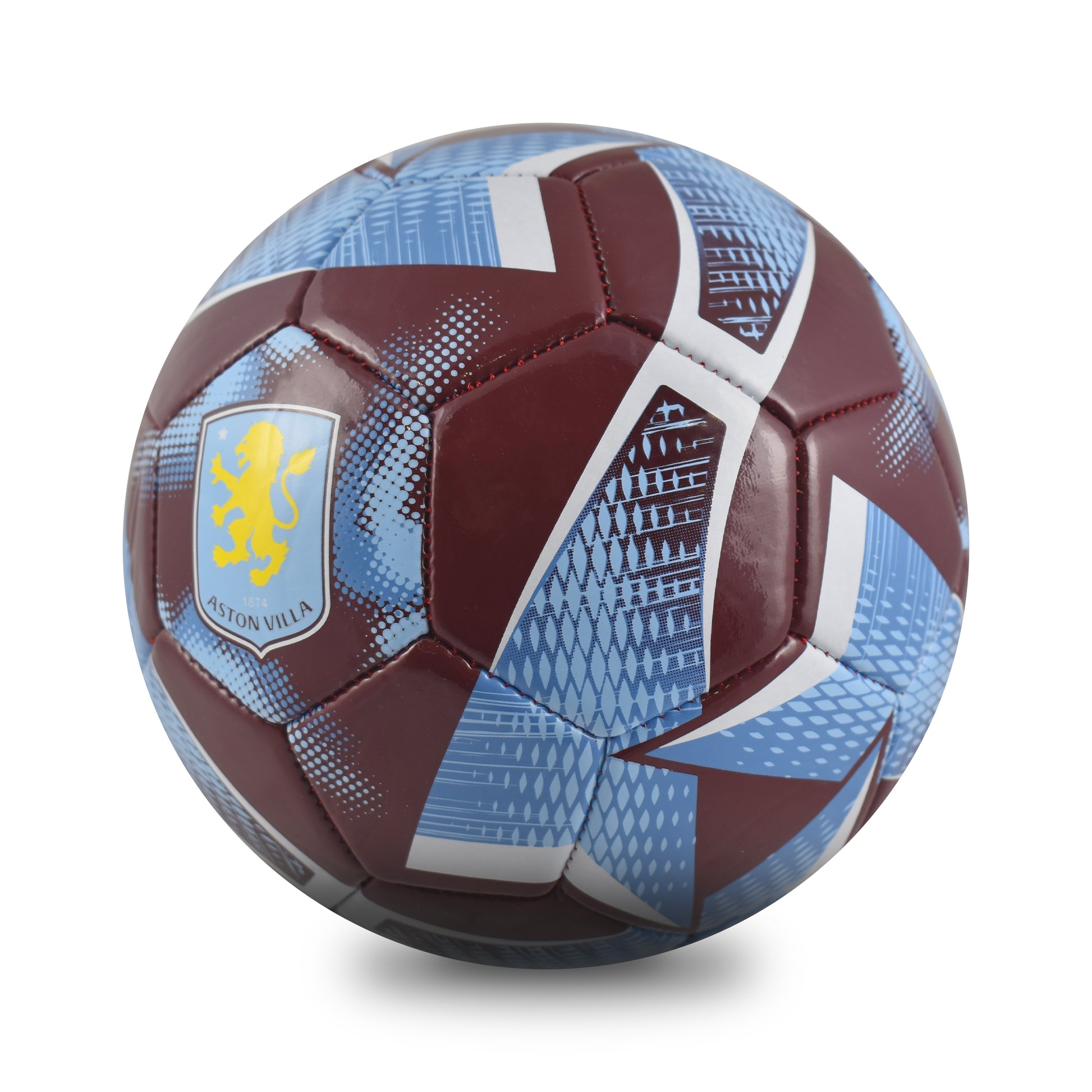 Side view of Hy-Pro Official Aston Villa - Football - size 3, spiral design in claret and blue on a white background