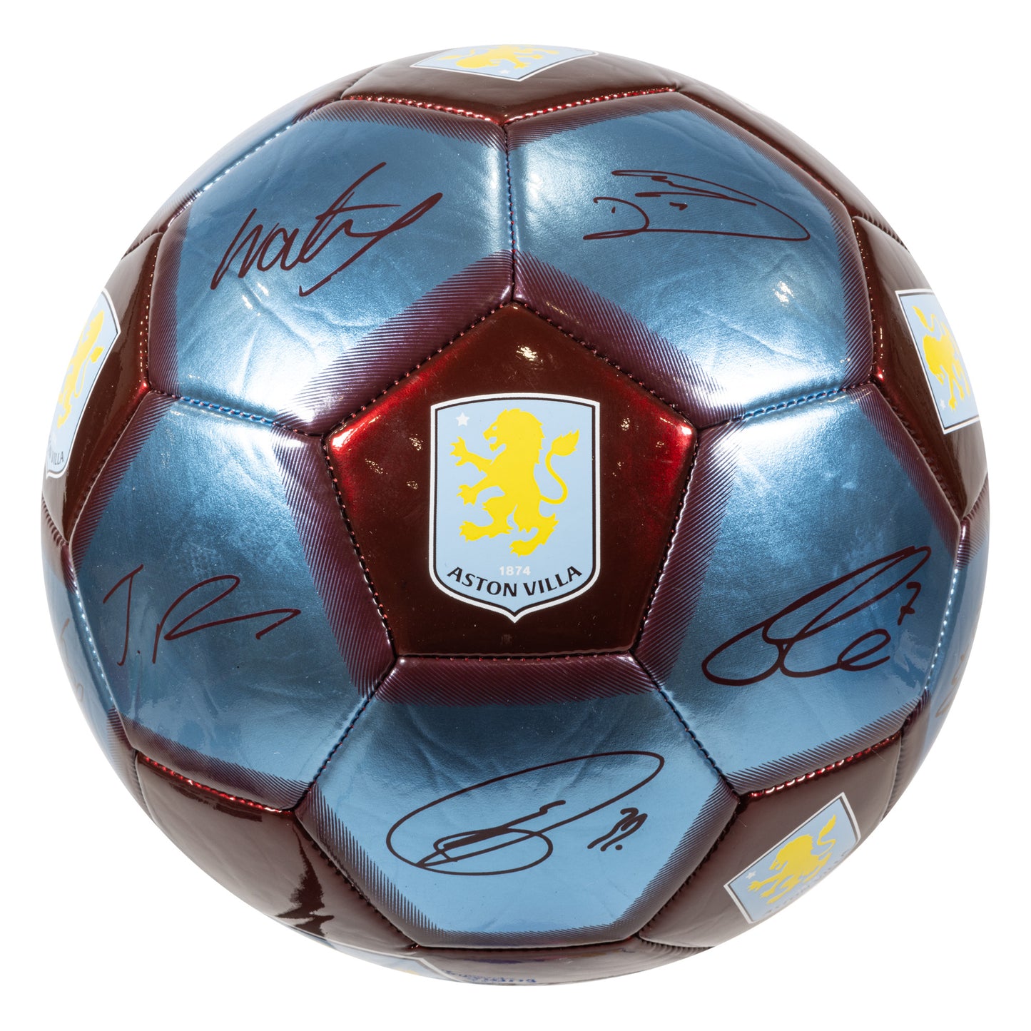 Officially licensed Aston Villa Metallic Football in Red and blue featuring player signatures on a white background