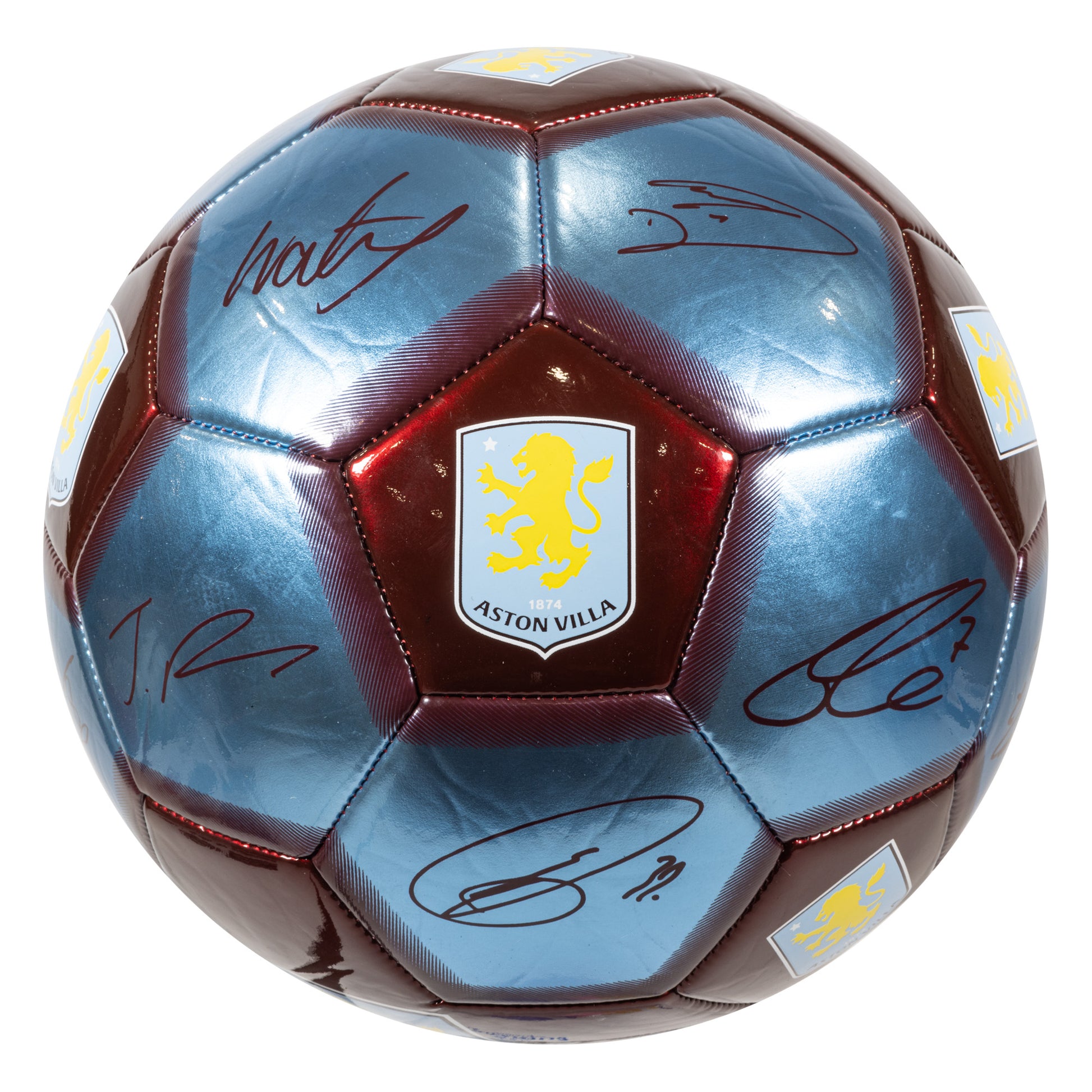 Officially licensed Aston Villa Metallic Football in Red and blue featuring player signatures on a white background