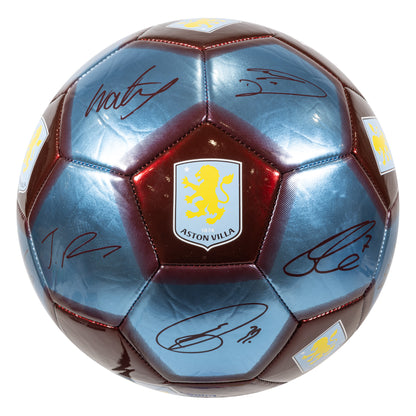 Officially licensed Aston Villa Metallic Football in Red and blue featuring player signatures on a white background