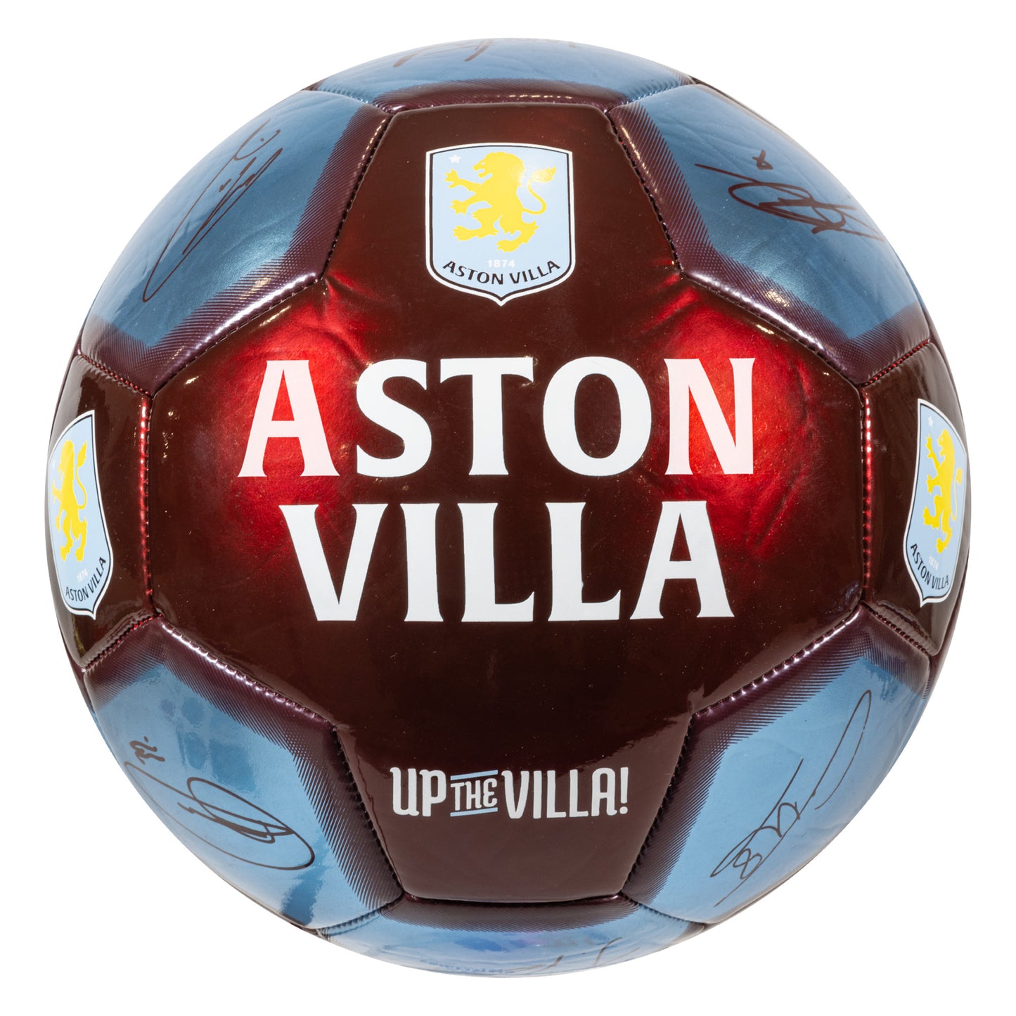 Officially licensed Aston Villa Metallic Football in Red and blue featuring Large 'ASTON VILLA' branding on a white background 