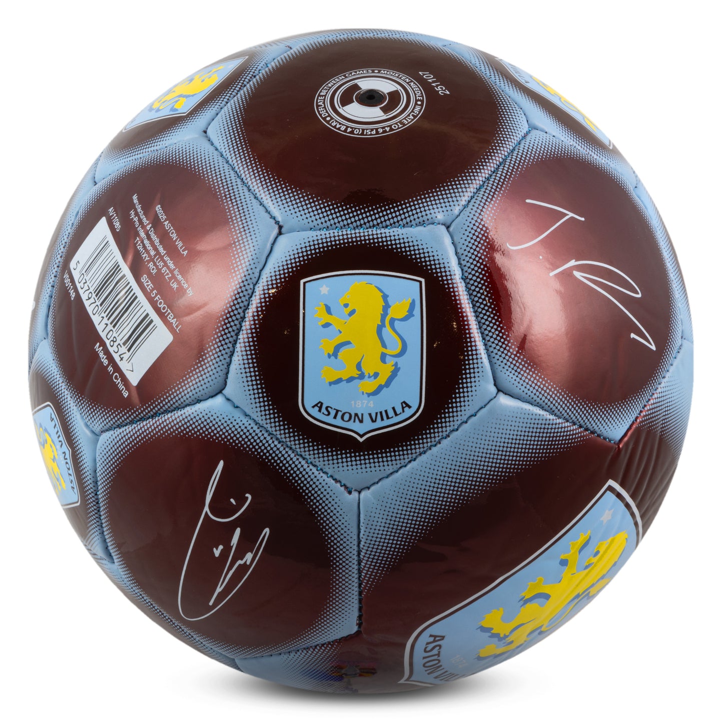 Base of Hy-Pro Official Aston Villa Classic Signature Football with metallic finish on a white background