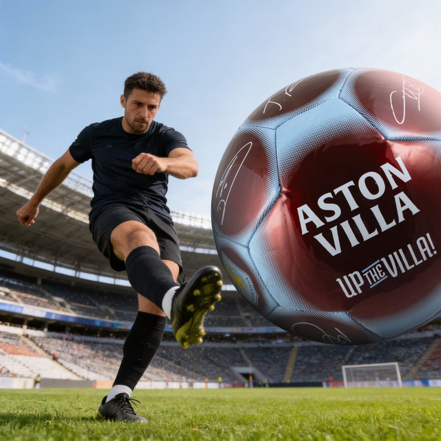 Officially licensed Aston Villa football with metallic finish being kicked through the air by a football player 